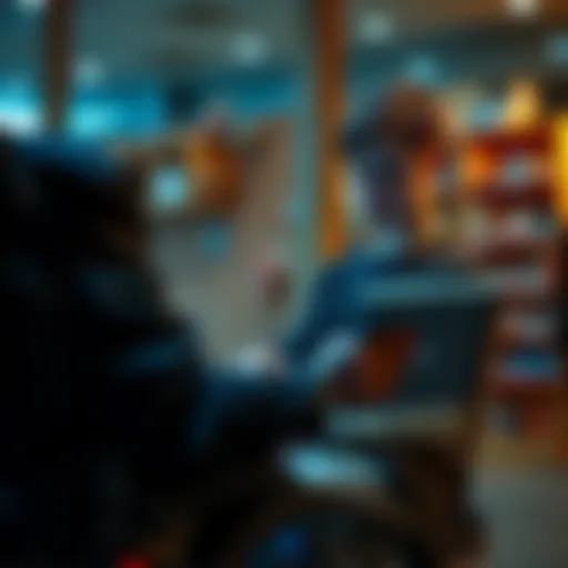 A disabled individual engaging with an AI accessibility app on a tablet, expressing concern about online harassment against the app's creator.