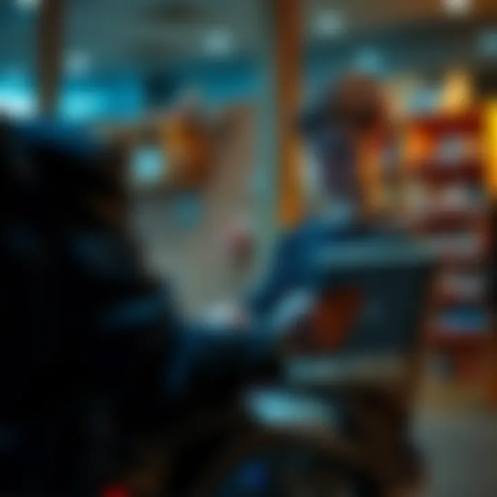 A disabled individual engaging with an AI accessibility app on a tablet, expressing concern about online harassment against the app's creator.