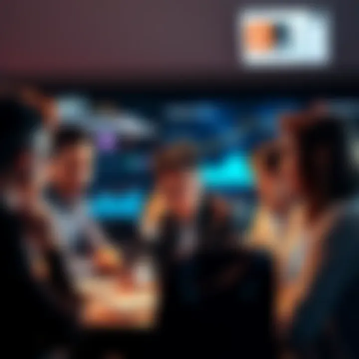 A group of people expressing frustration about AI in a meeting, with charts showing declining trust in AI technology, and images of marketing materials in the background.