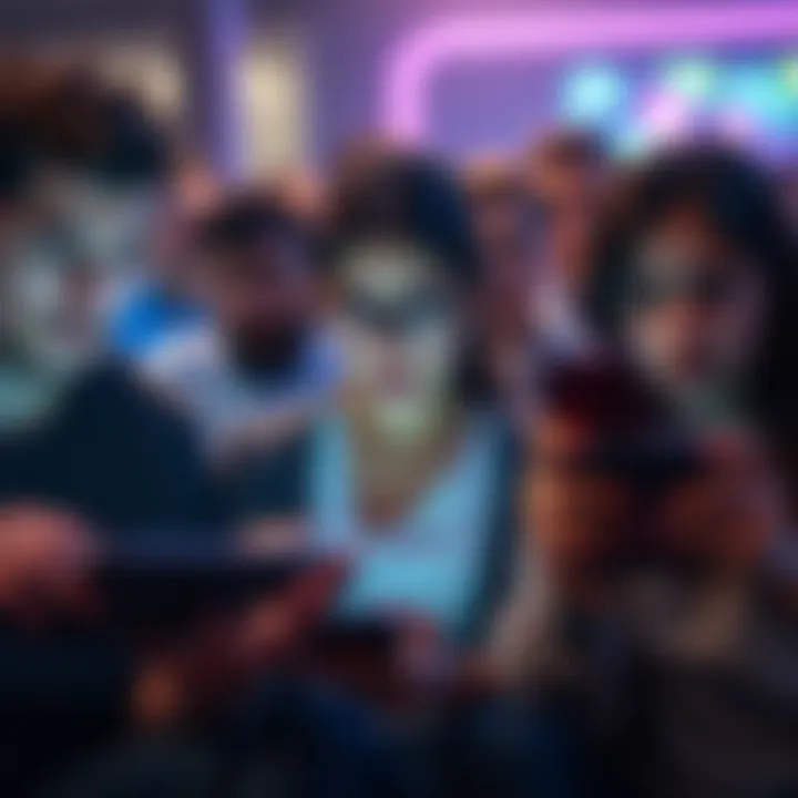 A group of people looking upset while using devices, showing disappointment over a recent app update, with a focus on their frustrated expressions and devices in hand.