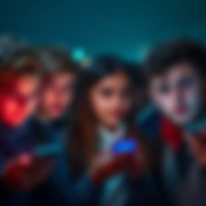 A group of young people looking at their phones with concerned expressions, representing their feelings about social media and internet use.
