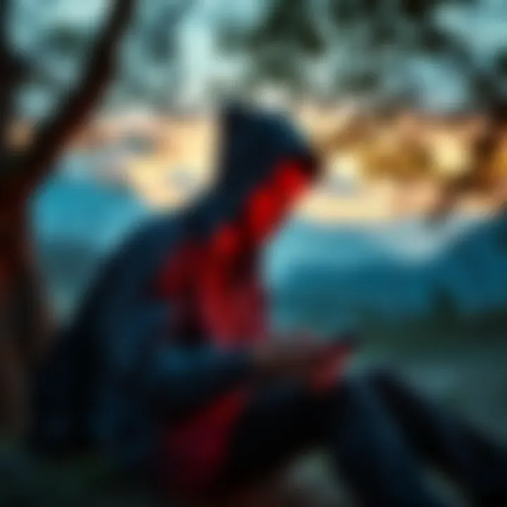 Person disconnecting from digital devices A person sitting outside, turning off their phone and enjoying nature.