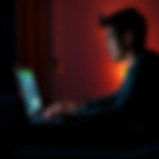 A person using a laptop in a dimly lit room, looking thoughtful while engaging in a conversation with an AI interface on the screen.