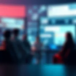 A group of people debating the use of photos in AI bots, with a backdrop of computer screens and chat bubbles showing comments.