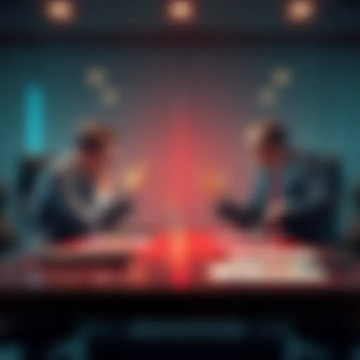 Two professionals engaged in a heated debate at a conference table, with one expressing frustration and the other confidently presenting facts.