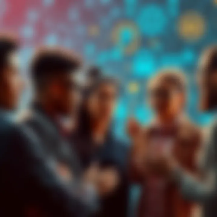 A group of diverse people engaged in a heated discussion about racism and representation in AI, with a backdrop of digital technology symbols
