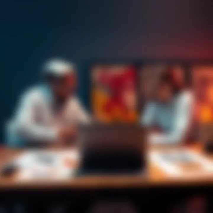 Two people debating over art pieces at a table with a laptop and sketches, representing human and AI art discussions.