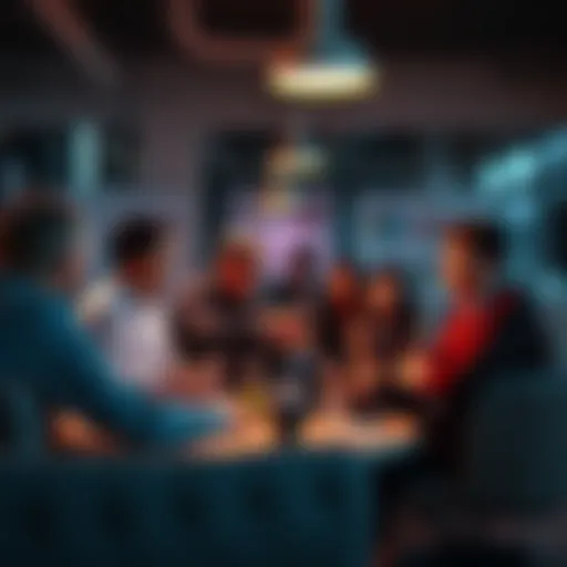 Group of people discussing antis trends in a casual setting with charts and graphs in the background