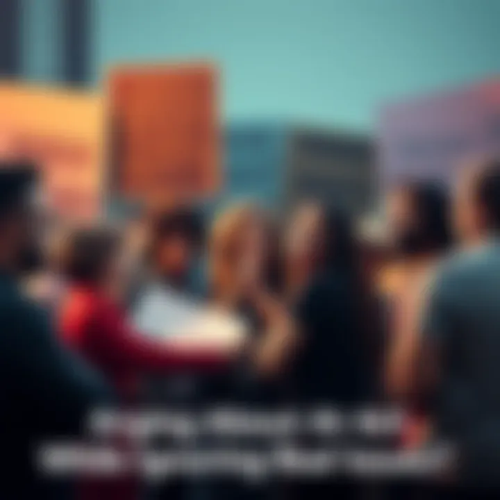 A group of diverse people engaged in a heated discussion about art, with protest signs in the background addressing human rights issues.