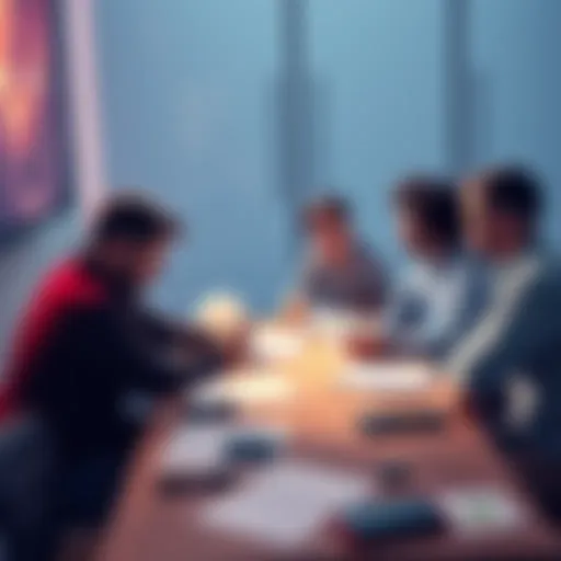 A group of people discussing game design concepts at a table with sketches and notes.