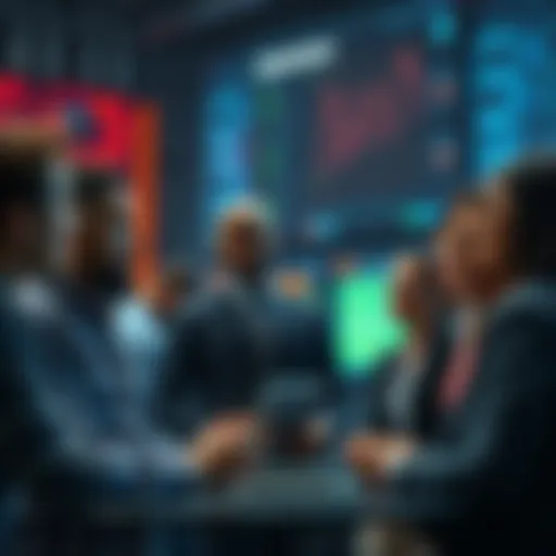 A group of people engaging in a serious conversation about AGI control, with a backdrop of technology and digital screens.
