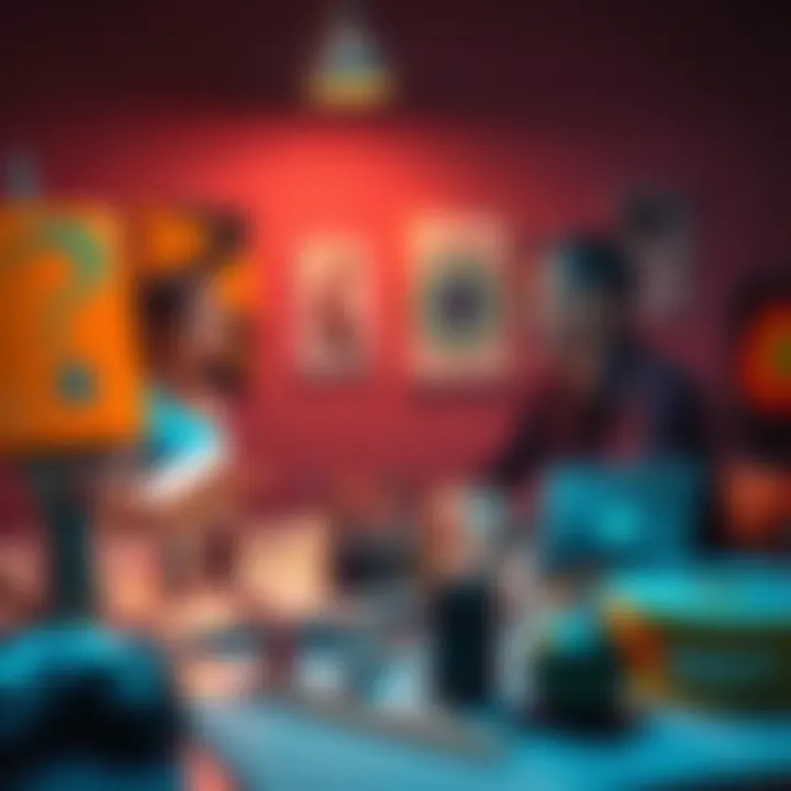 Two people talking at a table with art supplies and a laptop, discussing the impact of AI in art.