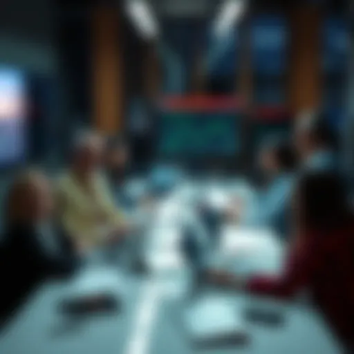 A group of people debating around a table about AI-generated content and its quality, with laptops and papers scattered around.