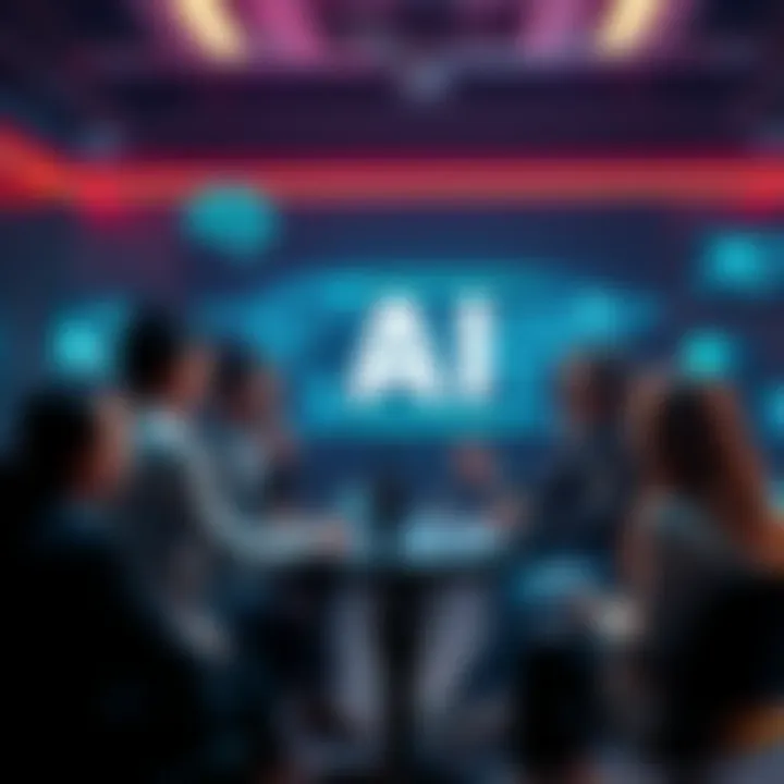 A group of people engaging in a discussion about artificial intelligence, highlighting different arguments about its impact on society and the environment.