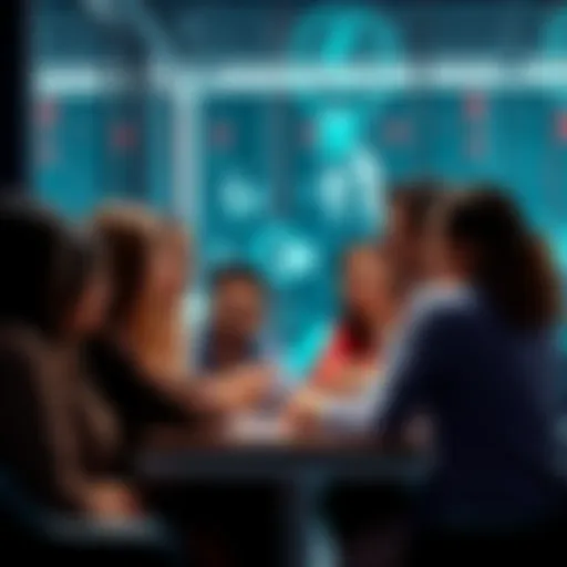 A group of diverse people discussing algocracy in a modern setting, with digital elements in the background representing technology and governance.