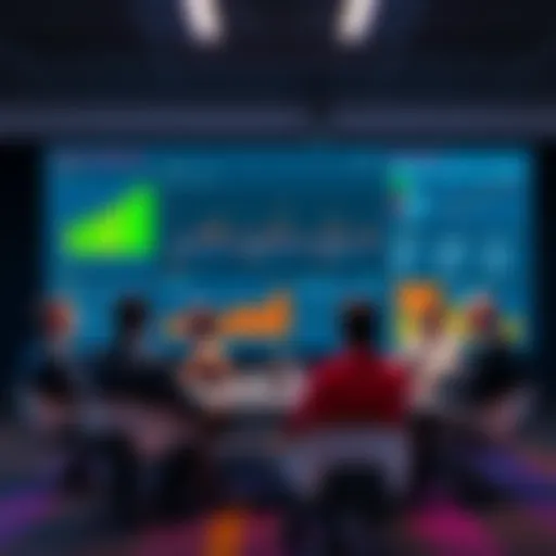 A group of experts debating the implications of Artificial Superintelligence in front of a large screen displaying data and graphs.