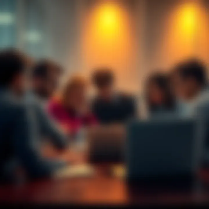A group of people sitting around a table looking frustrated as they review comments on a laptop, showcasing a lack of constructive feedback in an online forum discussion.