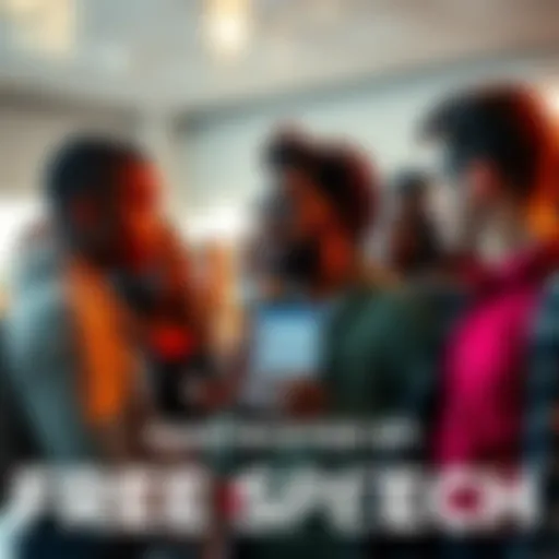 A group of diverse people engaging in a heated discussion about free speech and acceptable language in 2025, with one person holding a smartphone displaying a forum post