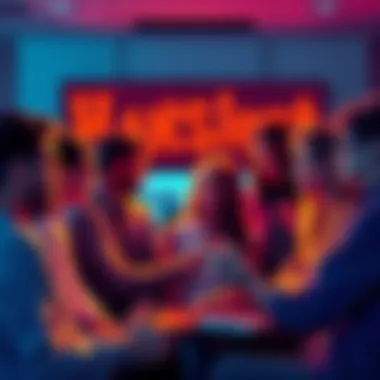 A group of people engaging in a heated discussion about harassment issues in online forums, expressing various opinions and emotions.