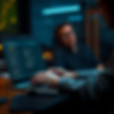 Discussion in Online Forum A user typing on a laptop while reading comments in an online forum about antis, showing a mix of engagement and concern.