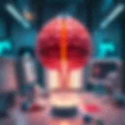 A disembodied human brain lab setup for testing new drugs, surrounded by scientific equipment and monitors.