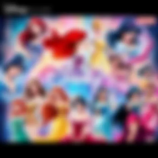 A colorful collage featuring Disney's most iconic heroines, showcasing their beauty and strength in various poses.