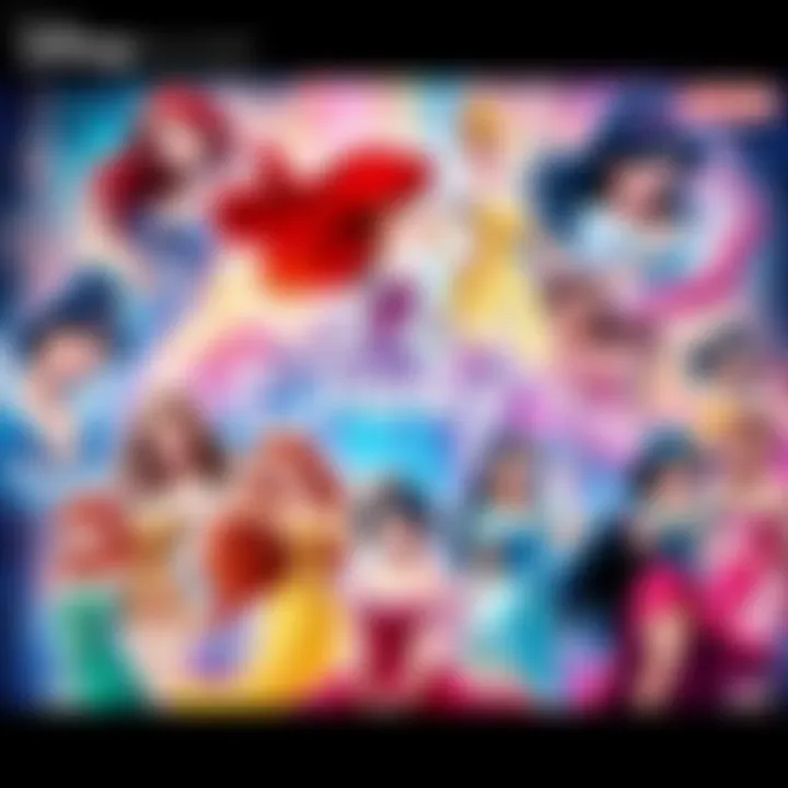 A colorful collage featuring Disney's most iconic heroines, showcasing their beauty and strength in various poses.