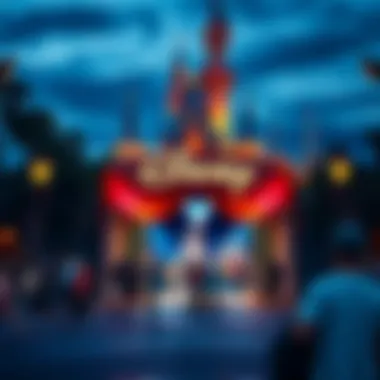 Entrance of a Disney theme park with people enjoying their visit, while surveillance cameras are visible in the background