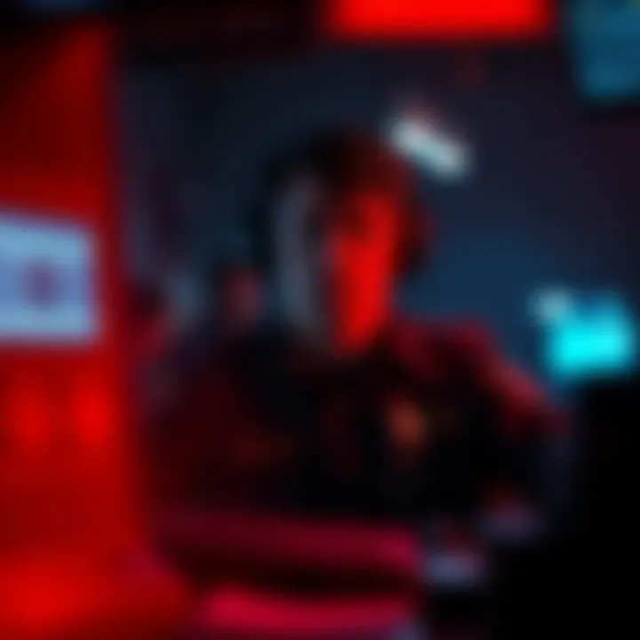 A scene of a tense emergency dispatcher surrounded by dark shadows and flickering lights, representing the eerie atmosphere of Bellweather during a missing hour.