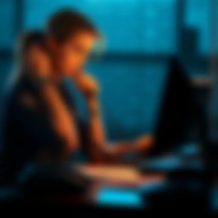A 911 dispatcher sitting at a desk, intently listening to a child's voice over the phone, with a worried expression on her face, illuminated by the glow of the screen.
