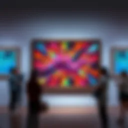 A colorful AI-generated artwork framed and hung on a gallery wall, with people admiring it.