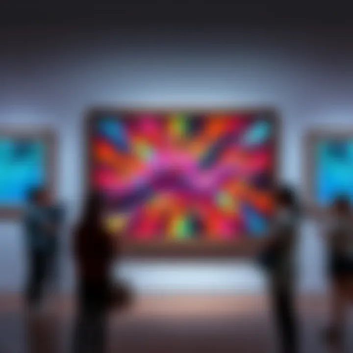Displaying AI Art in a Gallery A colorful AI-generated artwork framed and hung on a gallery wall, with people admiring it.