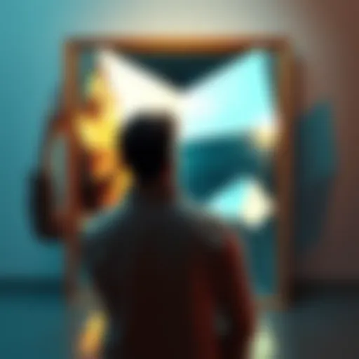 A person stands in front of a warped mirror, questioning their own reflection, symbolizing the shifting perceptions of reality
