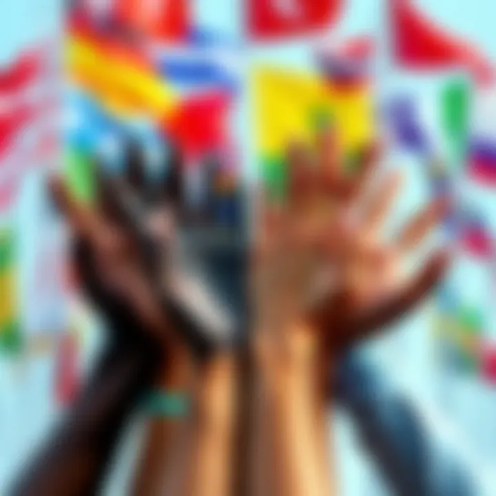 A group of diverse hands representing different minority groups, symbolizing unity and unique identities, with a background of colorful flags.