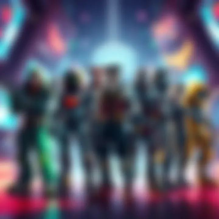 A variety of unique gaming characters standing together, showcasing different traits and styles, ready for action in a vibrant gaming environment.