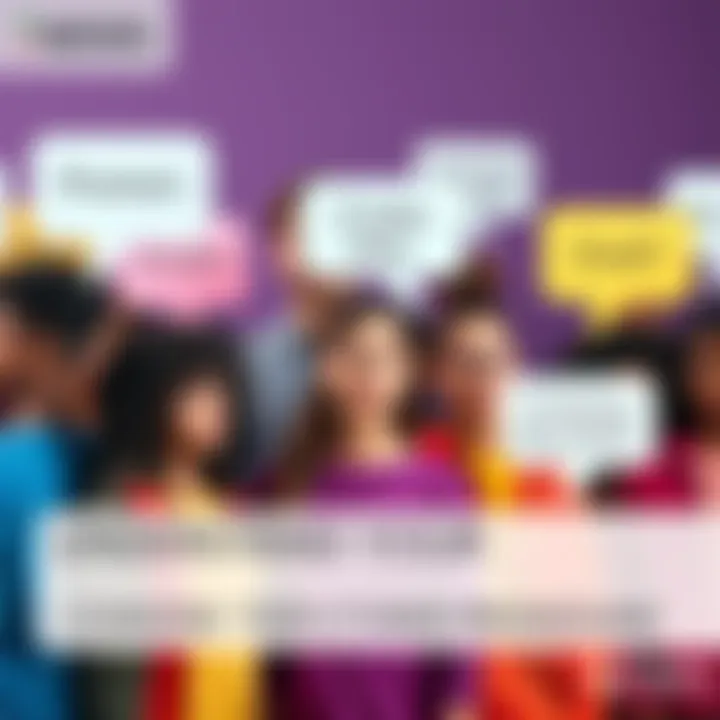 A diverse group of people with speech bubbles showing different pronouns, including they/them, in a colorful setting.