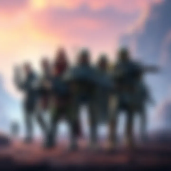 A group of diverse soldiers from various nations, showcasing their unique uniforms and weapons, standing together in a vibrant fantasy landscape.