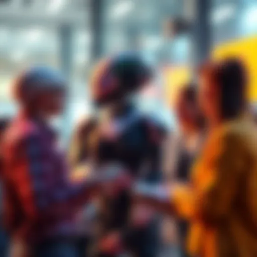 A group of people representing different opinions on AI, discussing and exchanging ideas in a vibrant setting.