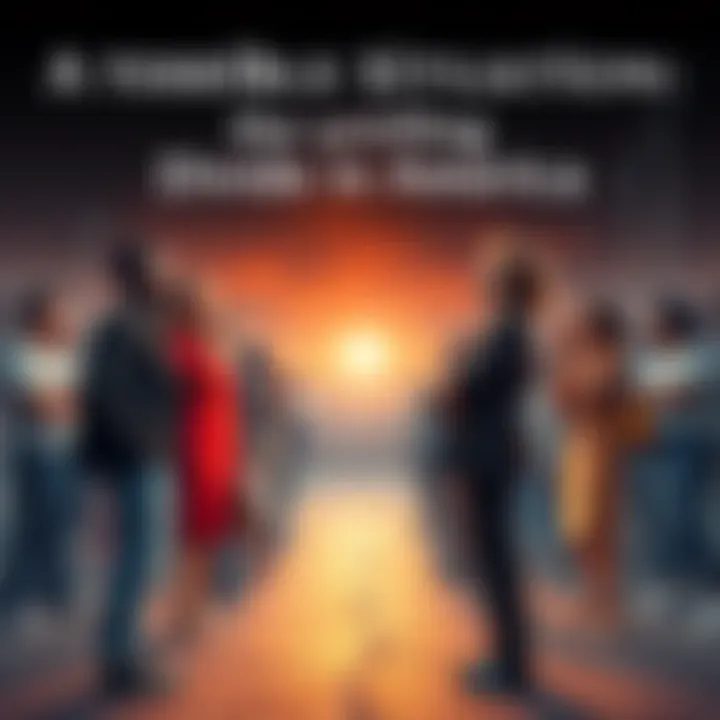 A group of people from different backgrounds stand on either side of a divide, showing frustration and disagreement about issues facing the country.