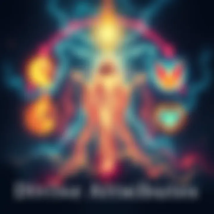 A glowing figure representing G.O.D. surrounded by symbols of power, knowledge, and love, illustrating the concepts of omnipotence, omniscience, and omnibenevolence.