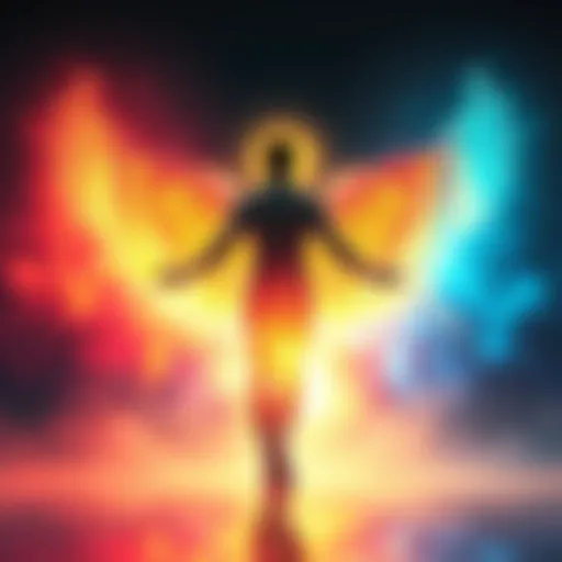 Divine Self-Imagery A person standing in a radiant light, visualizing themselves as a divine being with an aura of glowing colors, symbolizing inner strength and beauty.