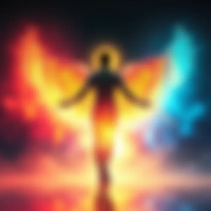 Divine Self-Imagery A person standing in a radiant light, visualizing themselves as a divine being with an aura of glowing colors, symbolizing inner strength and beauty.