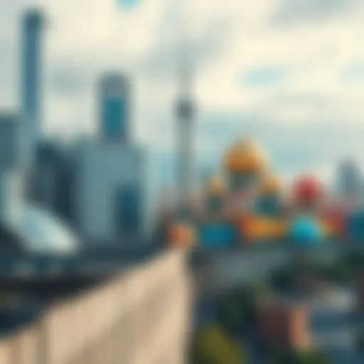 A tall wall separates two cities, one bustling with skyscrapers and the other filled with colorful artistic structures, illustrating their contrasting visions for the future.