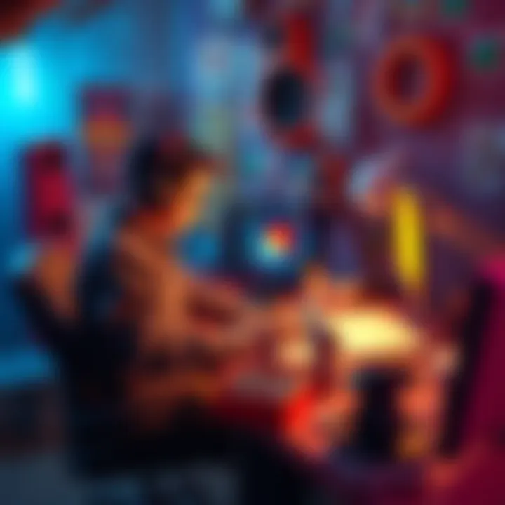 A 3D artist working on their own capsule art for a game, surrounded by colorful designs and tools for digital art creation.