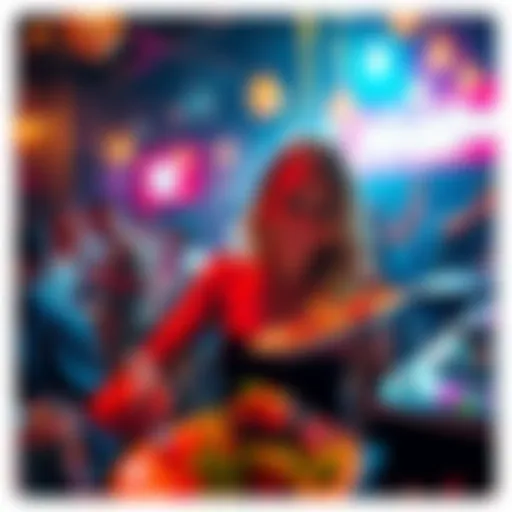 DJ Leslie Kvothe enjoying appetizers at The Necklace, surrounded by a lively atmosphere and music, with a plate of food in hand.