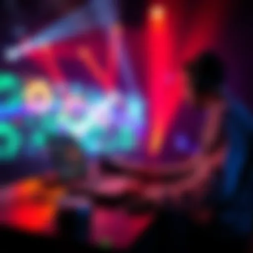 A DJ using a laptop and projector to create interactive visuals at a live event
