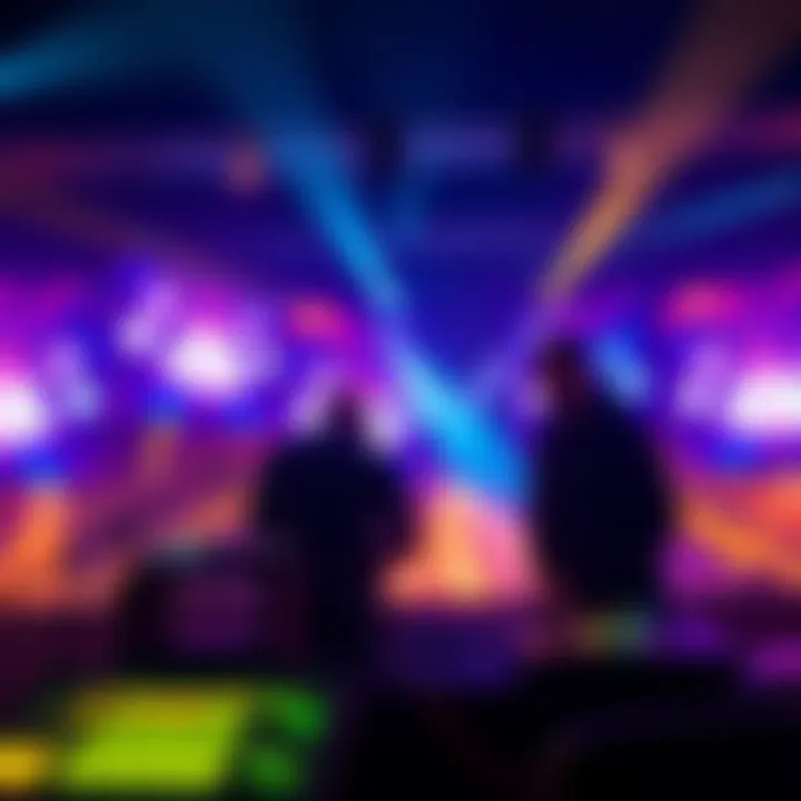 A DJ and a VJ coordinating a performance, with visuals syncing to the beat of the music on large screens.