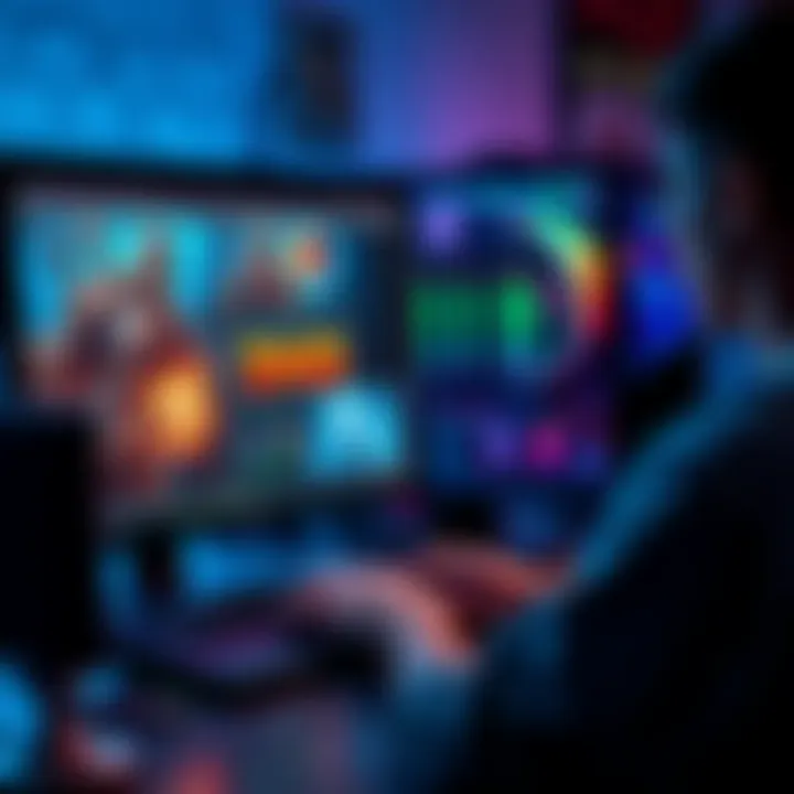 A person using a high-performance PC to generate DND-themed images with various software tools displayed on the screen.