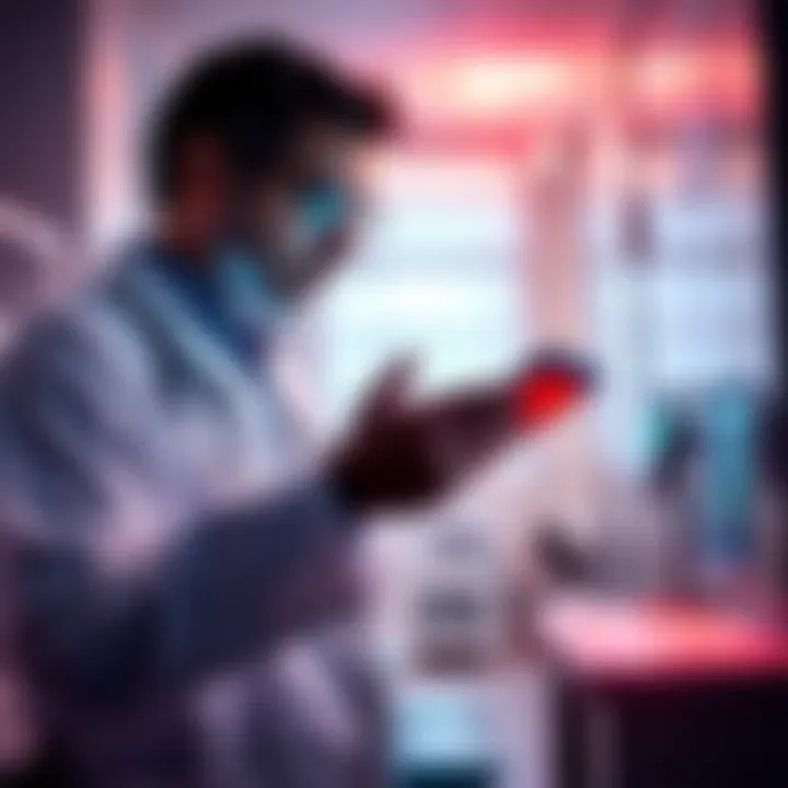 A doctor analyzing patient data on a tablet with AI tools in a hospital setting.