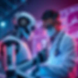 A doctor and a robot collaborating over medical data, symbolizing the future of medicine with artificial intelligence.